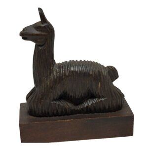 Hand Carved Wooden Llama Figurine Primitive 5"